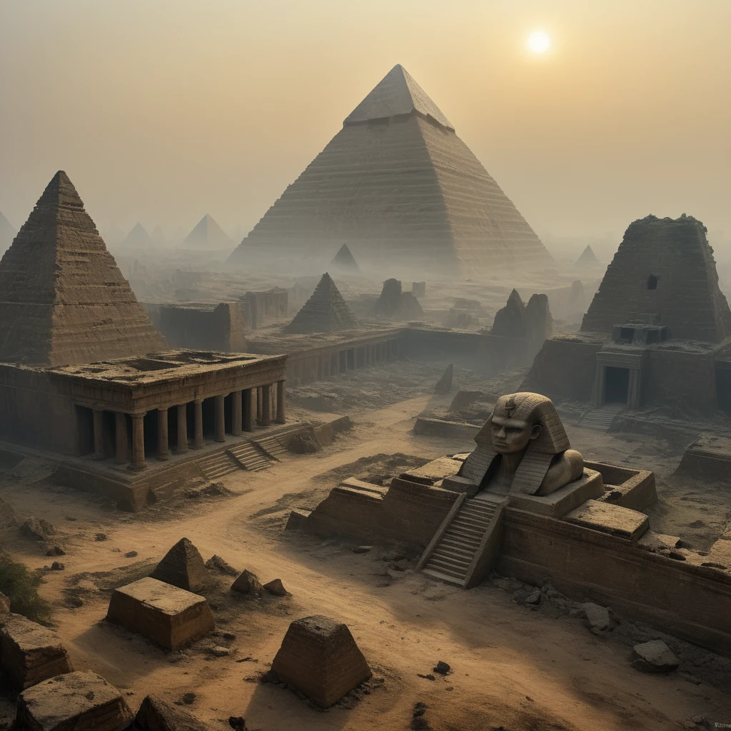 scenario: The pyramids of Giza, abandoned for years, post-war with lots of destruction and chaos, something apocalyptic. The pyramids and Sphinx are partially collapsed, with stone blocks scattered across the ground and covered in moss and sand. The surrounding desert is covered in undergrowth and trees that have grown in cracks in the ground.. A thick fog covers the area, creating an atmosphere of mystery and desolation. Among the ruins, a colossal monster, with scaly skin and glowing eyes, wanders through the desolate landscape, adding a horror element to the setting. The soft light of dawn pierces the fog, illuminating the pyramids and the Sphinx, highlighting the decaying grandeur of the ruins amidst the destruction.