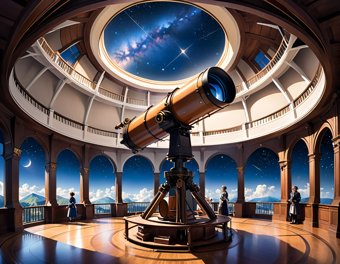 El telescopio del siglo XVIII estaba ubicado en un observatorio interior en el último piso del edificio., con el lado del techo circular en forma de cúpula abierto, permitiendo que un telescopio largo apunte diagonalmente hacia arriba para observar el cielo estrellado. Los académicos se reunieron en el corredor ahuecado que rodea el telescopio., que se elevó desde el piso de abajo, discutiendo algo en el castillo real en el cielo.