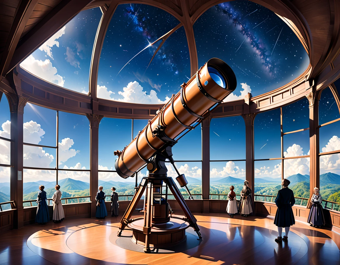 Le télescope du XVIIIe siècle était situé dans un observatoire intérieur au dernier étage du bâtiment, avec le côté du toit en forme de dôme circulaire ouvert, permettant de pointer un long télescope en diagonale vers le haut pour observer le ciel étoilé. Les chercheurs se sont rassemblés dans le couloir creusé entourant le télescope, qui s&#39;élevait du sol en dessous, discuter de quelque chose dans le château royal dans le ciel.