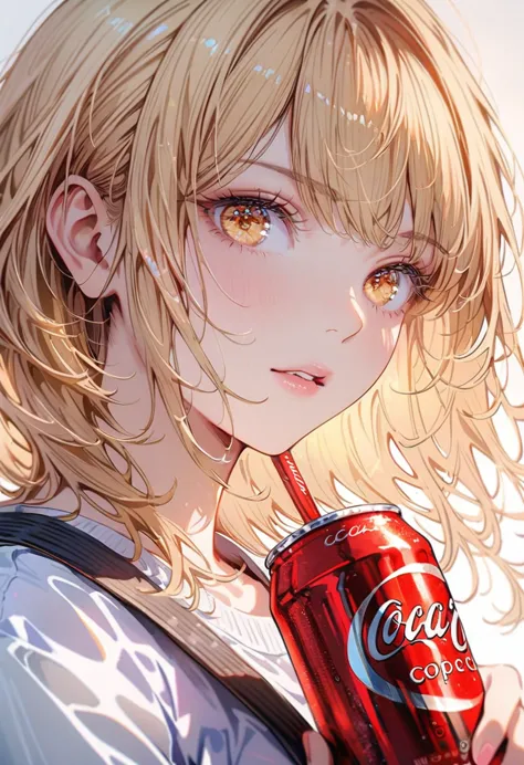 beautiful girl modern fashion drinks coca cola, style,8k resolution, soft lighting,super detail in skin and hair texture, eye,no...