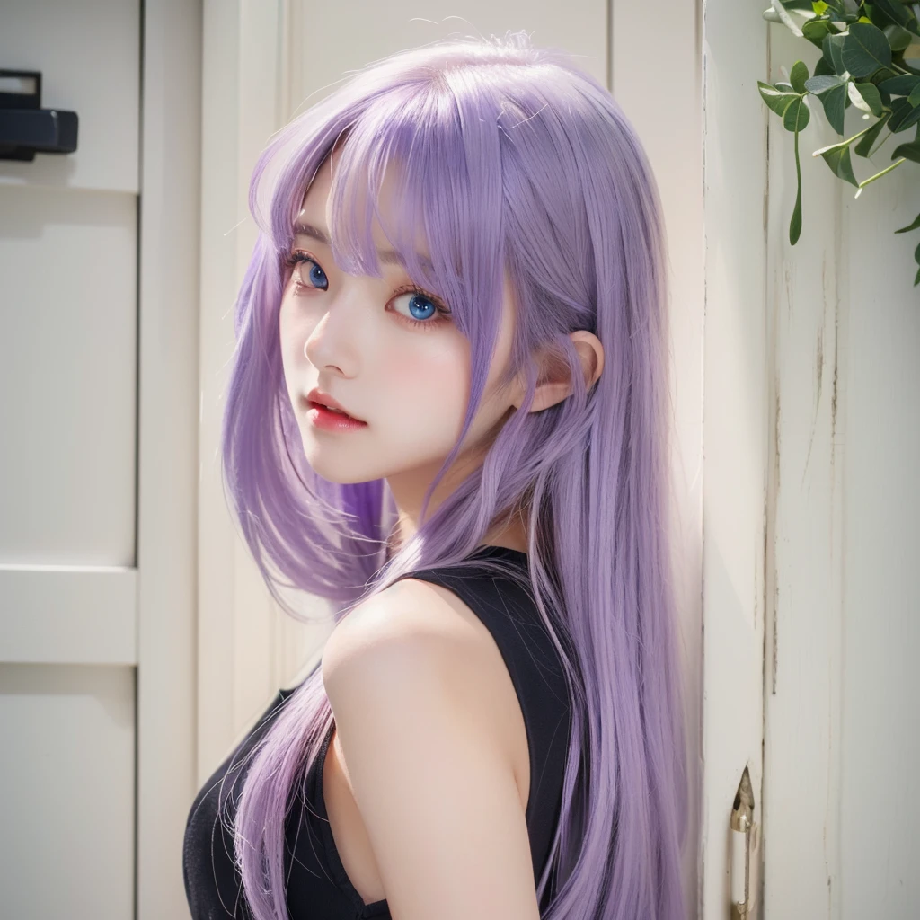 1fille aux cheveux longs et à la robe noire debout devant une porte, anime girl portant un haut court noir, (cheveux violet clair), (cheveux longs), peau claire, yeux bleus (((Beau visage)))