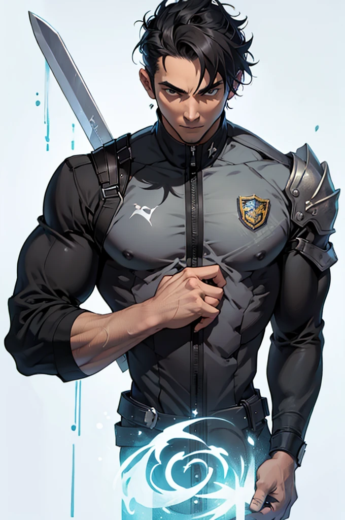 1 homme adulte, Fort, Les cheveux cours et noirs, uniforme, pouvoirs magiques, Grande épée