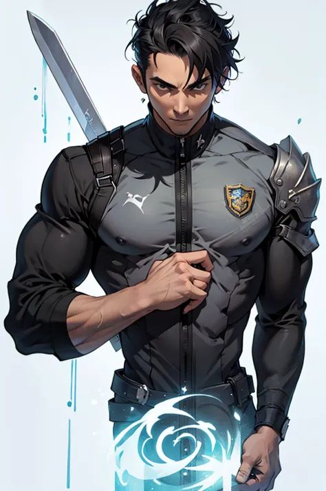 1 Grown Man, Strong, Short black hair, uniform, magic powers, big sword