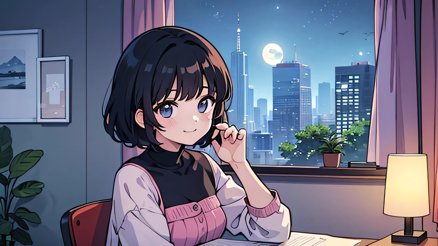 1girl, solo, gentle smile on her face flat chest, short hair, black hair, ((masterpiece, illustration, best quality)) ((best quality)), ((masterpiece)), (masutepiece:1.5, Best Quality:1.5), ((Vaporwave Style, partially coloring)),In a cozy apartment, Girl studying diligently at desk alone,dim room,Stylish warm lighting, Coffee on the desk,I can see the moon from the window,Room decorated with plants