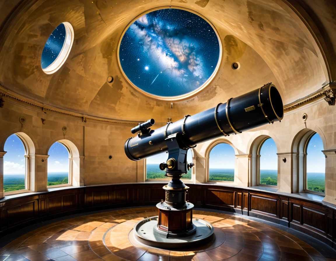 El telescopio del siglo XVIII estaba ubicado en un observatorio interior en el último piso del edificio., con el lado del techo circular en forma de cúpula abierto, permitiendo que un telescopio largo apunte diagonalmente hacia arriba para observar el cielo estrellado. Los académicos se reunieron en el corredor ahuecado que rodea el telescopio., que se elevó desde el piso de abajo, discutiendo algo en el castillo real en el cielo.