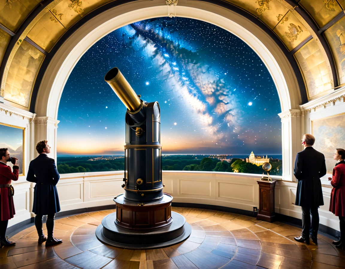 这架 18 世纪的望远镜位于大楼顶层的室内天文台, 圆形穹顶的一侧是敞开的, 让长望远镜斜向上观察星空. 学者们聚集在望远镜周围的镂空走廊里, 从下面的地板升起, 在天空之城里讨论着某事.