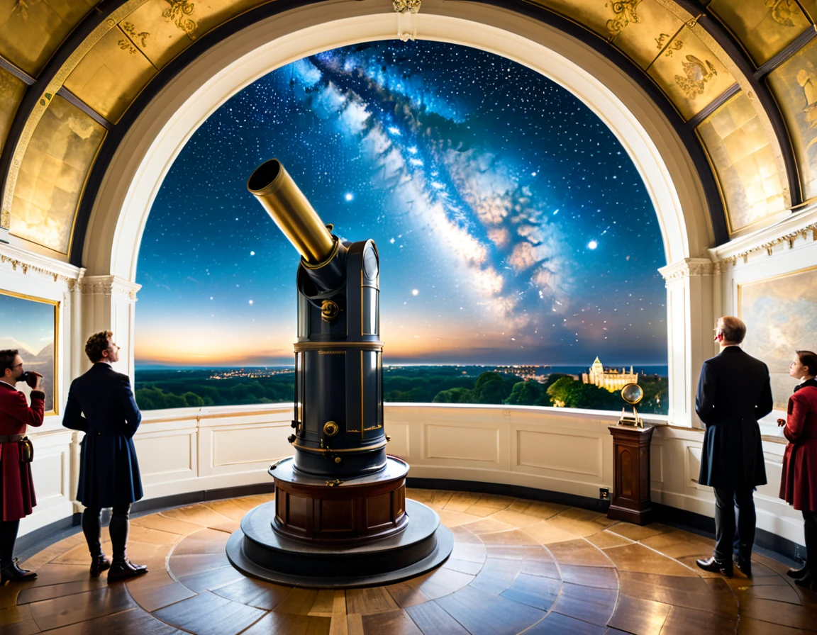 O telescópio do século XVIII estava localizado em um observatório interno no último andar do edifício, com o lado da abóbada circular do telhado aberto, permitindo que um longo telescópio seja apontado diagonalmente para cima para observar o céu estrelado. Estudiosos se reuniram no corredor escavado que circunda o telescópio, que se erguia do chão abaixo, discutindo algo no castelo real no céu.