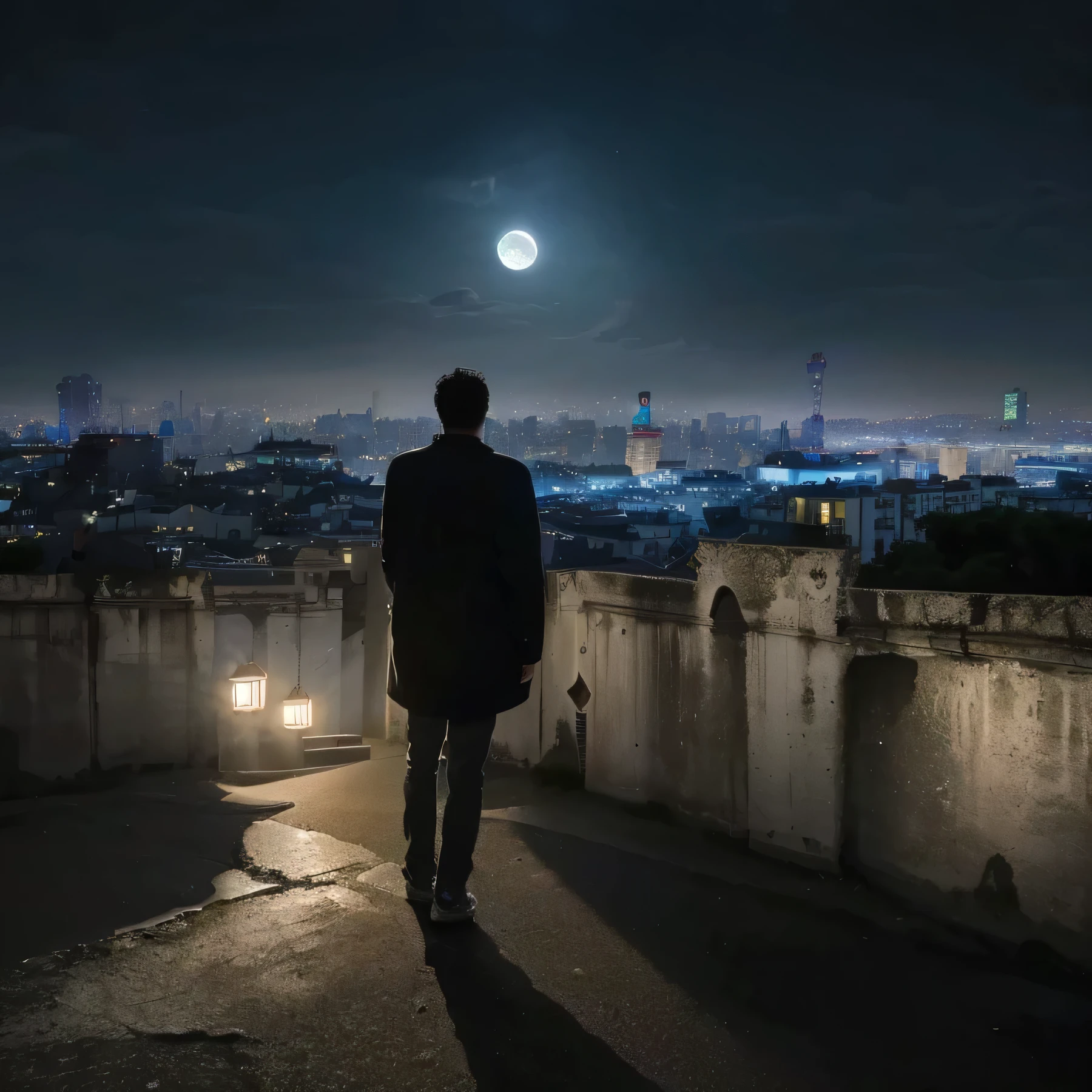 arafed man standing on a ledge 看着城市 at night, 看着满月, 看着月亮, 月亮在他身后, 看着城市, 月亮照在男人身上, 俯瞰城市, 满月的夜晚, 俯瞰现代化城市, 走向满月, 月亮很大，在城市里. 在中国城市的场景中 
