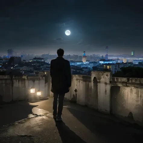 arafed man standing on a ledge looking at the city at night, looking at the full moon, looking at the moon, moon behind him, loo...