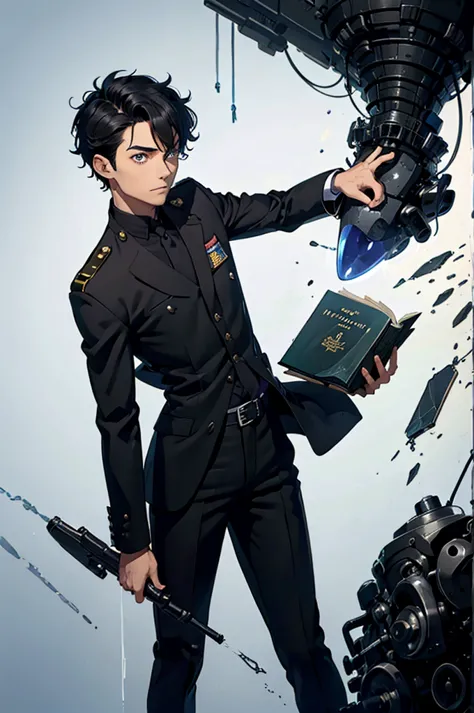 1  Man, Strong, Short black hair, uniform, magic powers, Book