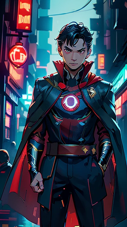 best quality,masterpiece,1boy,solo,(((13years old))),japanese boy,an extremely cute and handsome boy,highly detailed beautiful face and eyes,petit,cute face,lovely face,baby face,shy smile,show teeth, Black hair,Short hair,flat chest,skinny,slender,(((wearing a Doctor Strange costume,red cape))),(((standing in Dark Midnight Neon Glow light Cyberpunk metropolis city))),he is looking at the viewer,