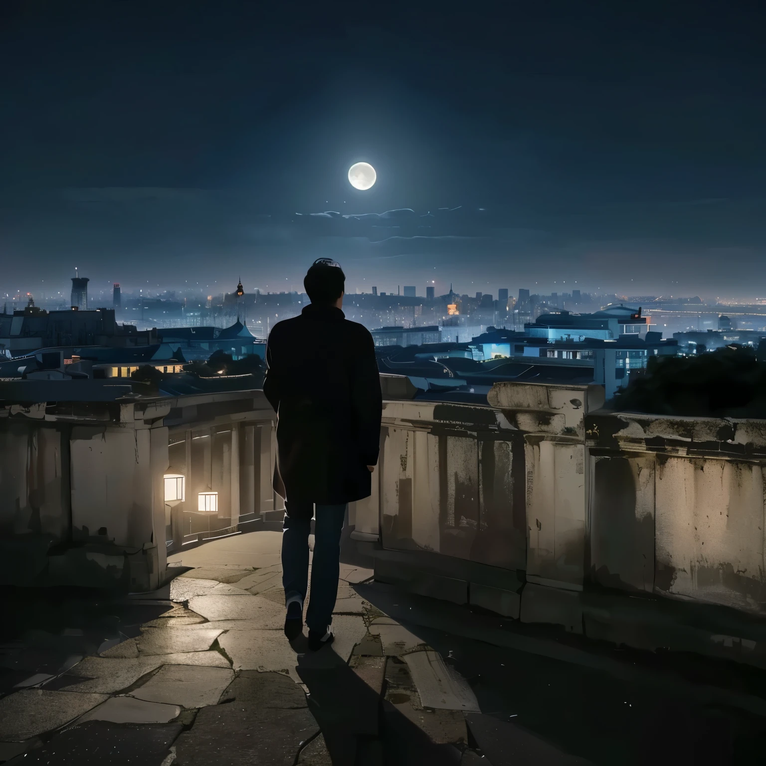 a man mature with dedicated hair standing on a ledge looking at the city at night, looking at the full moon, looking at the moon, moon behind him, looking at the city, the moon cast on the man, looking over city, at night with full moon, overlooking a modern city, walking towards the full moon, the moon is big an in the city. In the scene of China city 
