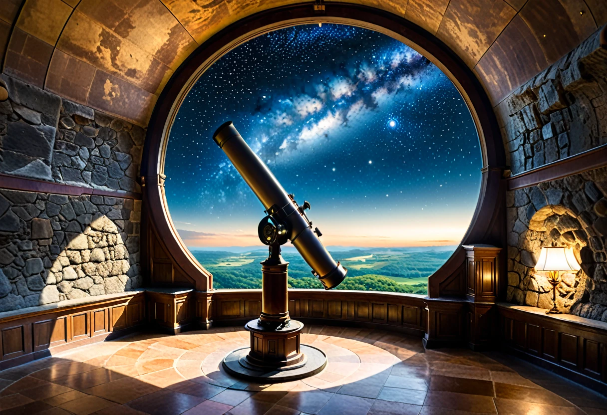 这架 18 世纪的望远镜位于大楼顶层的室内天文台, 圆形穹顶的一侧是敞开的, 让长望远镜斜向上观察星空. 学者们聚集在望远镜周围的镂空走廊里, 从下面的地板升起, 在拉普达王国的天空之城里讨论着某事.