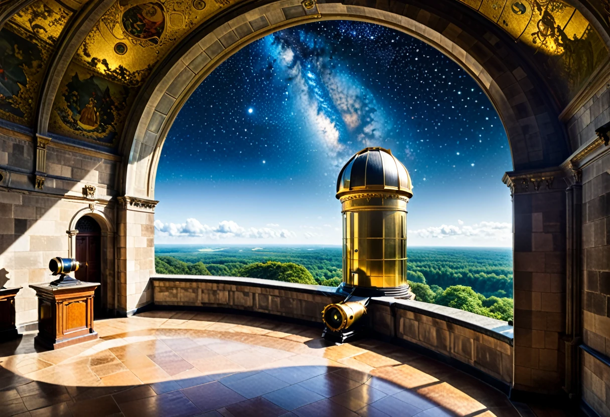 这架 18 世纪的望远镜位于大楼顶层的室内天文台, 圆形穹顶的一侧是敞开的, 让长望远镜斜向上观察星空. 学者们聚集在望远镜周围的镂空走廊里, 从下面的地板升起, 在拉普达王国的天空之城里讨论着某事.