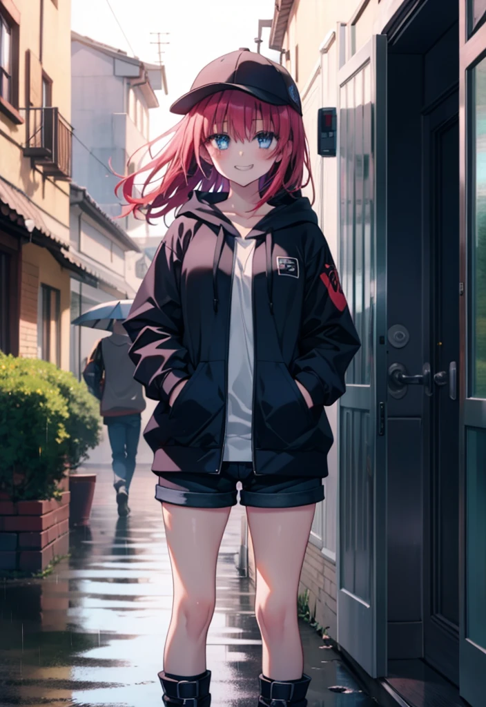 (masterpiece, Highest quality:1.2),shape,8k,High resolution,mea kurosaki,Mea Kurosaki,Redhead,Long Hair,Purple eyes,1 Girl,Baseball hats,Oversized black hoodie,Black shorts,short boots,Grin,smile,Both hands are in the pockets of the hoodie,Hiding in a roofed building,Standing leaning against a wall,rain,night,whole bodyがイラストに入るように,
BREAK looking at viewer,whole body,
BREAK indoors, Alley,
BREAK (masterpiece:1.2), Highest quality, High resolution, ユニティ 8k 壁紙, (shape:0.8), (Beautiful and beautiful eyes:1.6), Highly detailed face, Perfect lighting, Highly detailed CG, (Perfect hands, Perfect Anatomy),