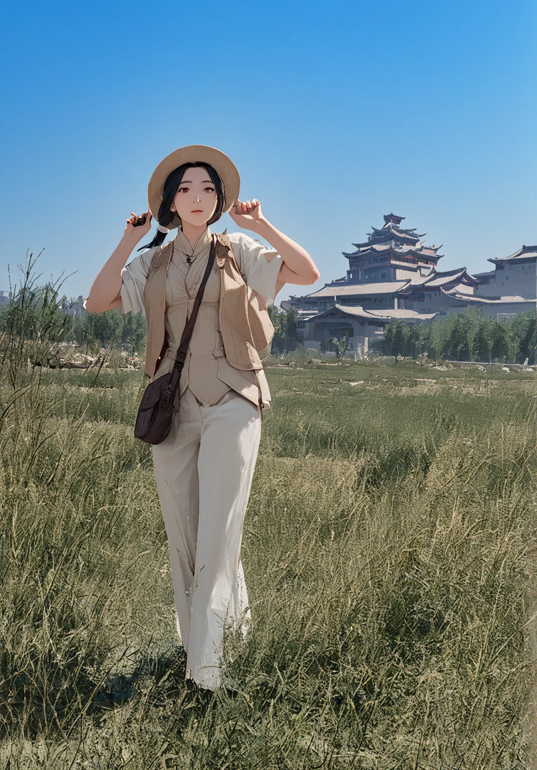 mujer con sombrero y chaleco de pie en el campo，el fondo es un edificio, en una ciudad antigua, Usar un sombrero de viaje, Inspirado por Tang Yifen, Beijing, inspirado en Zha Shibiao, inspirado en Yao Tingmei, inspirado en Zhang Zeduan, inspirado en Gu Zhengyi, inspirado en Chen Daofu