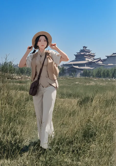 woman in hat and vest standing in field，The background is a building, in an ancient city, Wearing a travel hat, Inspired by Tang...