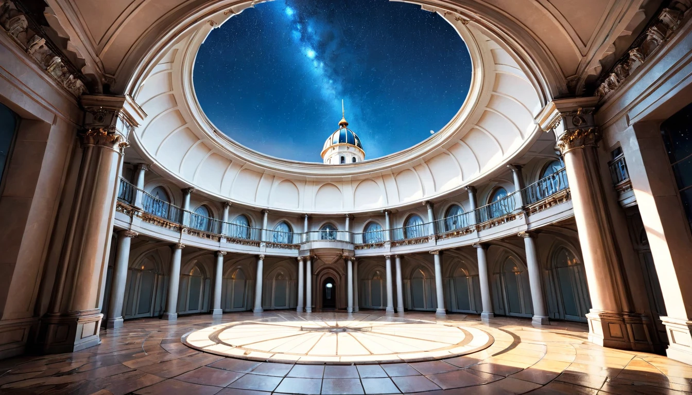 这架 18 世纪的望远镜位于大楼顶层的室内天文台, 圆形穹顶的一侧是敞开的, 让长望远镜斜向上观察星空. 学者们聚集在望远镜周围的镂空走廊里, 从下面的地板升起, 在天空之城里讨论着某事.