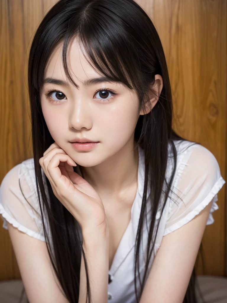 12 years old, (japanese Famous idol:1.4) (1cute girl:1.4) (very young face:1.4) best quality, face focus, soft light, ultra high res, (photorealistic:1.4), RAW photo, 1japanese girl, solo, cute, (pupil, lights in the eyes), detailed cute face, (small chest),(high resolution detail of human skin texture), Damask Shirt Dress, (portrait)