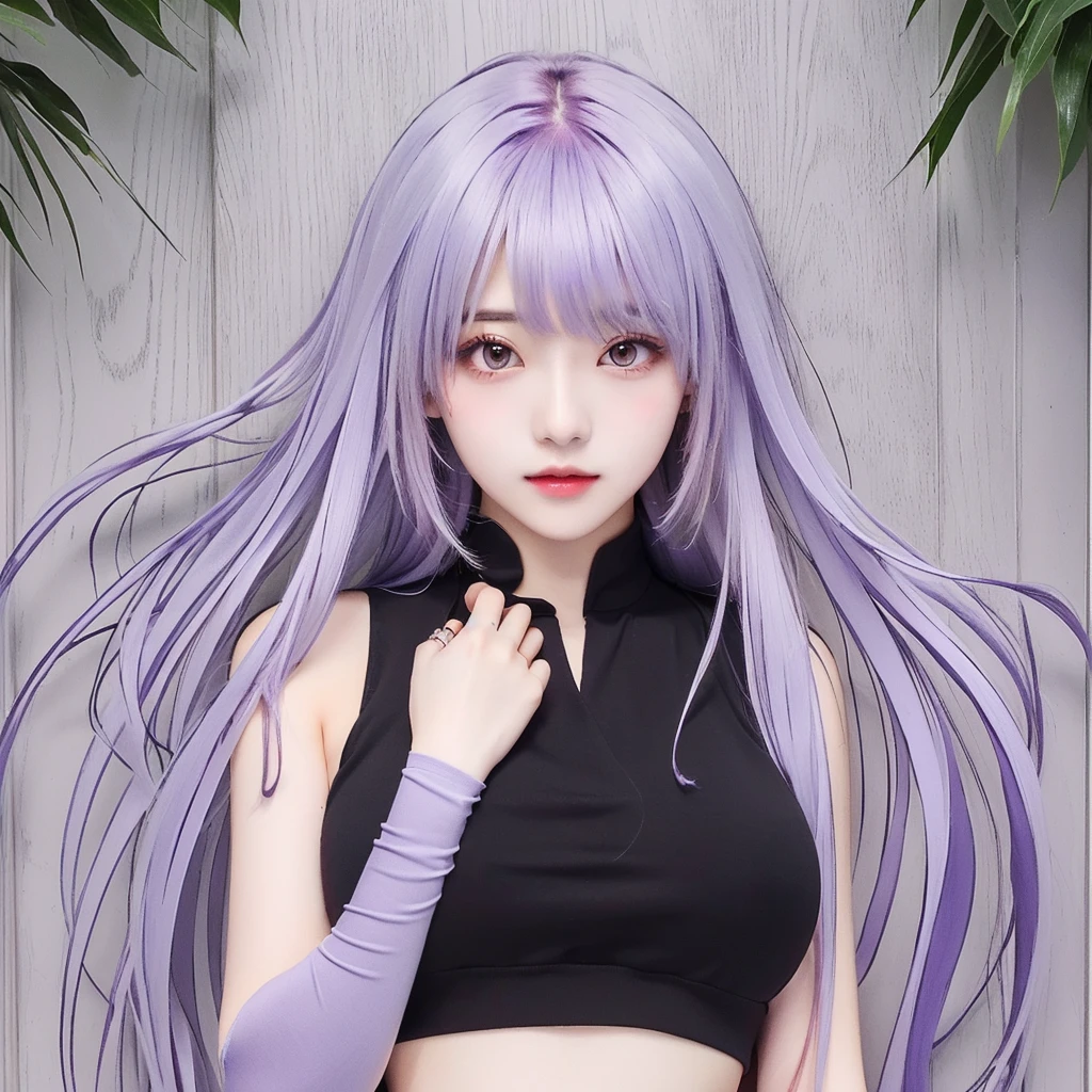 1girl with long hair and black dress standing in front of a door, anime girl wearing a black crop top, (Light purple hair), (Long hair), fair skin, purple eyes