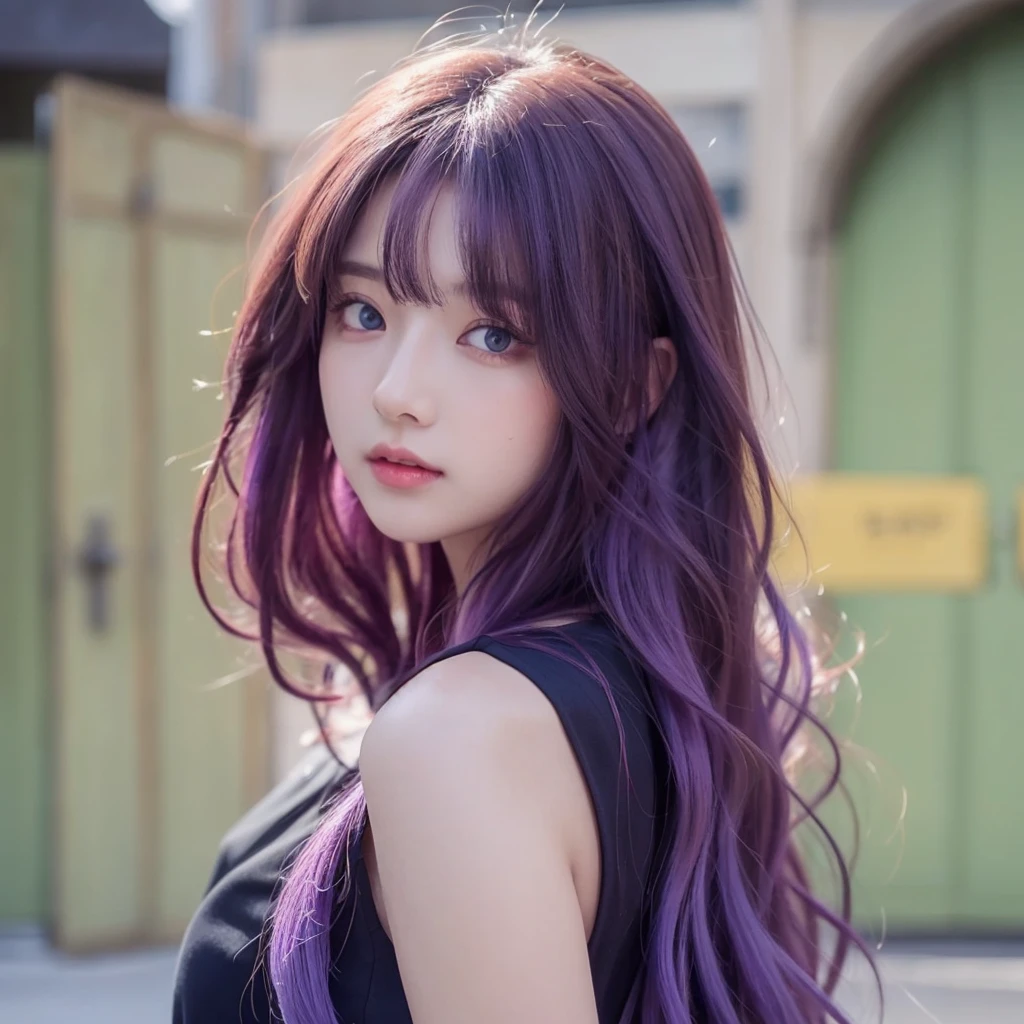 1Mädchen mit langen Haaren und schwarzem Kleid steht vor einer Tür, Anime-Mädchen trägt ein schwarzes bauchfreies Top, (hellviolette Haare), (lange Haare), helle Haut, blaue Augen, schönes Gesicht, niedliches Gesicht