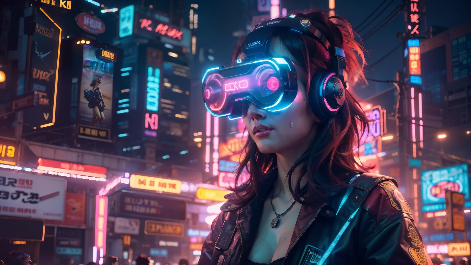 (Highest quality,4K,High resolution,masterpiece:1.2),Super detailed,(Realistic,photoRealistic:1.37),Put on the VR box headset、A woman immersed in a captivating display of vibrant neon lights