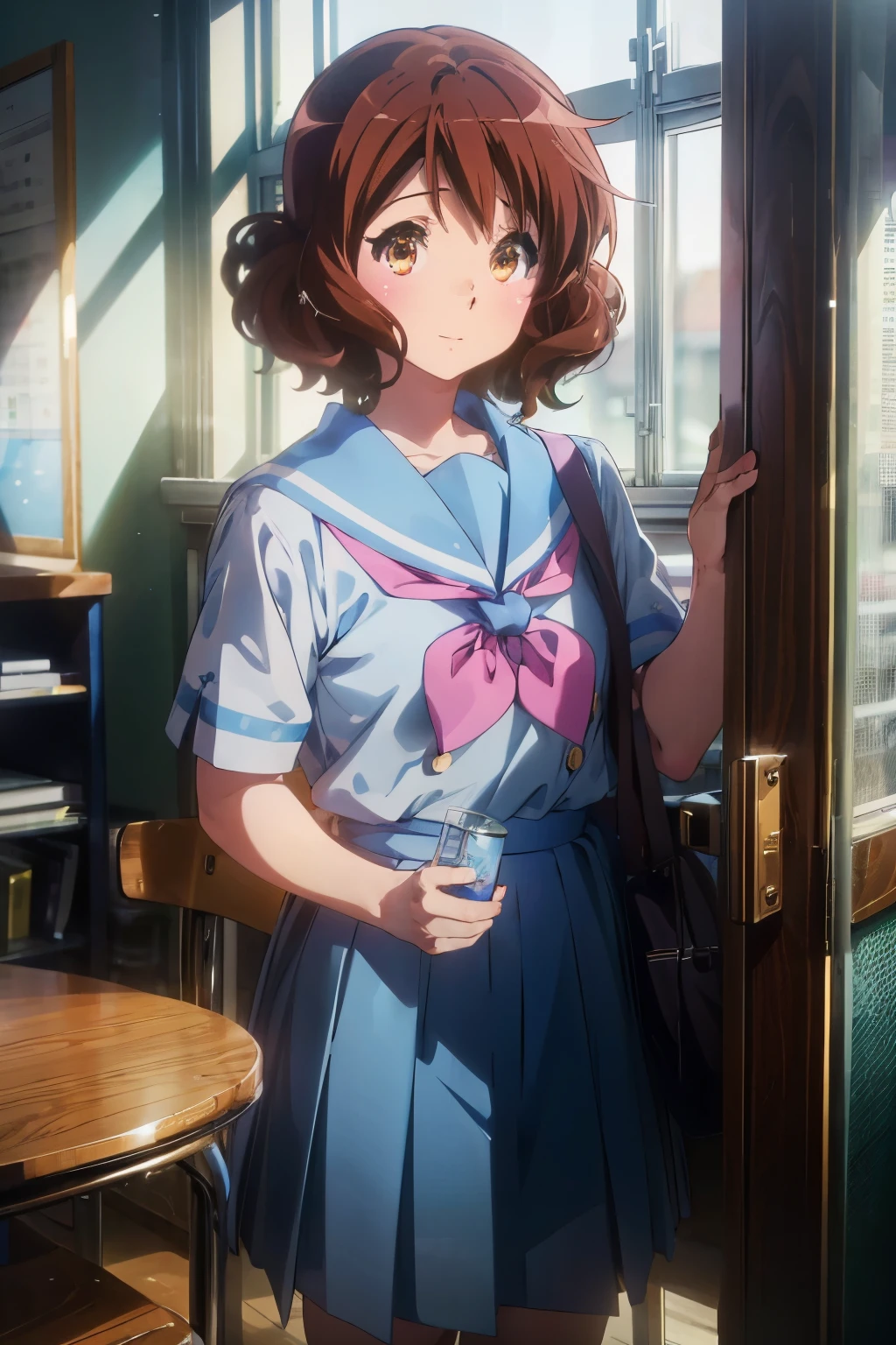 (Best image quality, 8K, high quality, High detail,masterpiece:1.2)、kumiko oumae,summer uniform,Eye Light、緑のEye Light、Sparkling Eyes、solo、1 girl、Look at the viewer、sketch、Flat Color、、anime、animeカラーリング、(School Music Room)、Kumiko Oumae,Kitauji High School Uniform、Sailor suit、Blue sailor collar、Pink neckerchief、Look at the viewer、smile、Random pose、Blur the background