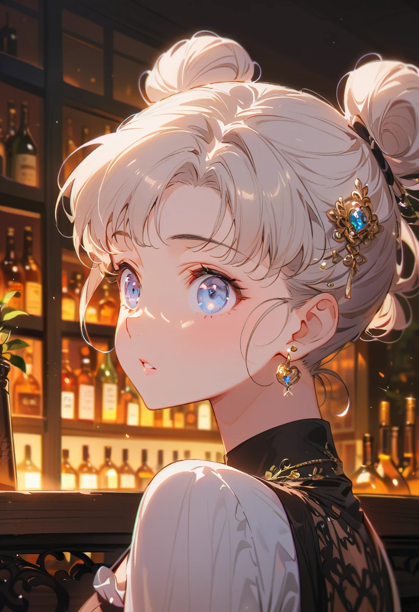 Portrait of Abigail: A charming lady with a high bun, Sitting in the bar. This masterpiece is of excellent quality, Extremely detailed, Perfect for 8k HDR wallpapers. With lighting、Sharp focus and intricate details.