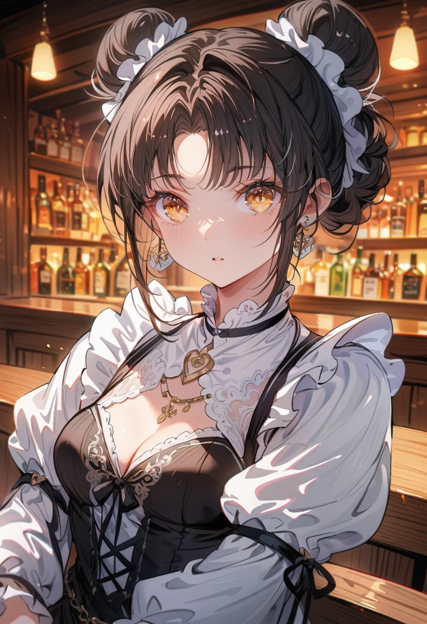 Portrait of Abigail: A charming lady with a high bun, Sitting in the bar. This masterpiece is of excellent quality, Extremely detailed, Perfect for 8k HDR wallpapers. With lighting、Sharp focus and intricate details.