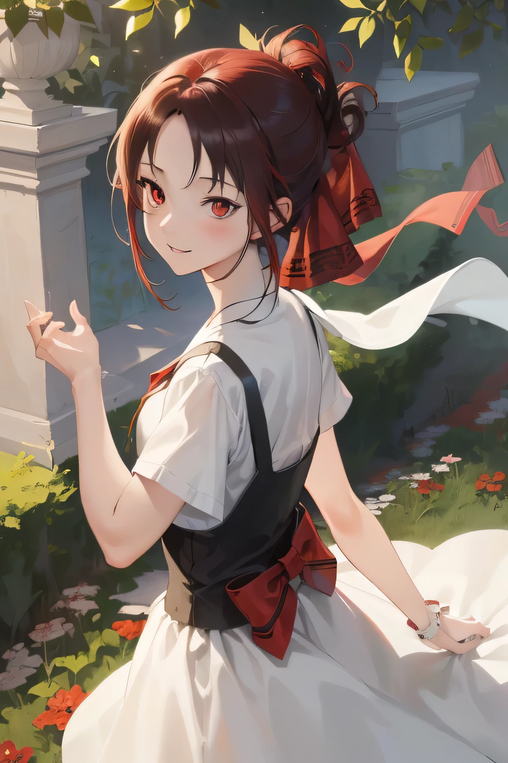 2d, masterpiece, Highest quality, アニメ, Highly detailed eyes, Highly detailed face, Highly detailed background, Perfect lighting, whole body, One girl, Kaguya-shinomiya, kaguya shinomiya, Folded ponytail, amount, hair ribbon, (Red eyes:1.5), red ribbon, ribbon, short hair, Side Lock, BREAK , Pinafore dress, , shirt, Short sleeve, white shirt, (smile) , (smile) , (smile) ,  BREAK (masterpiece:1.2), Highest quality, High resolution, unity 8k wallpaper, (figure:0.8), (Beautiful attention to detail:1.6), Highly detailed face, Perfect lighting, Highly detailed CG, (Perfect hands, Perfect Anatomy), Outdoor, Garden, Grass, Are standing, On the ground, Looking at the viewer, look up, Close-up, sunny, Medium Chest, Take my breast off, (blush:1.1), Cleavage, Open clothes, Leaning forward, Cowboy Shot, Front figure, Shining Sunshine, Hair flapping, wind lift, Strong winds, From below