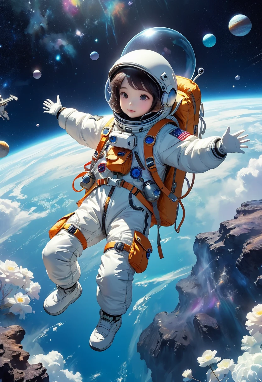 Astronauts arrived in outer space。Professional down jacket。Cute alien creatures。（float。Suspension。weightlessness。）Beautiful dreamy background。