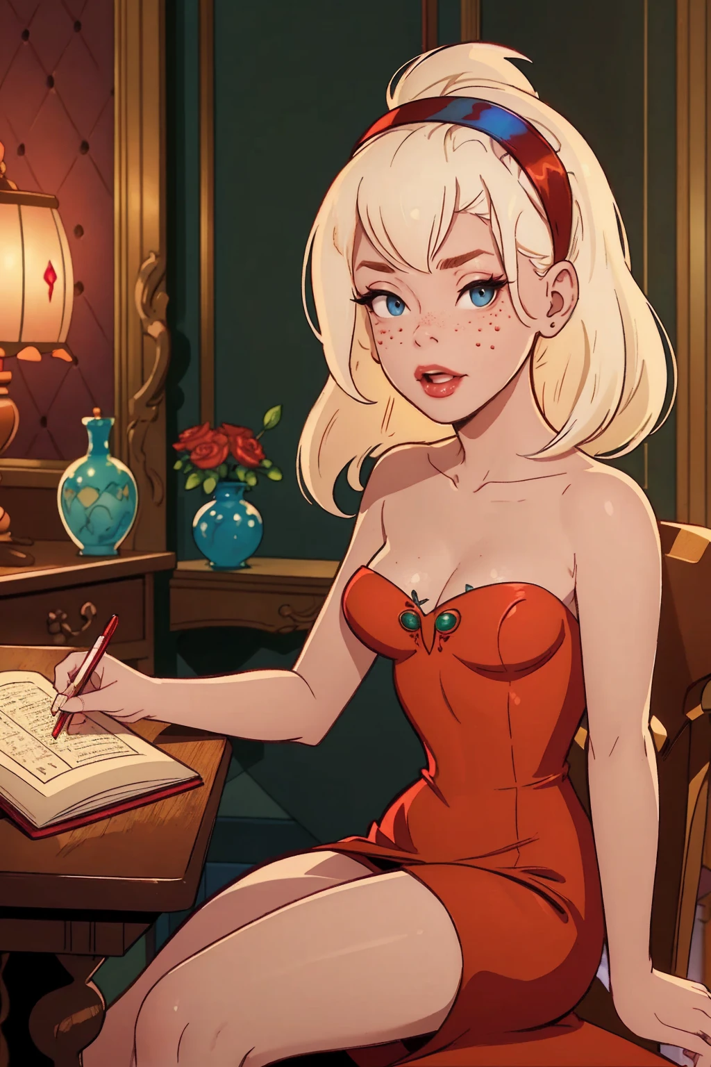 { masterpiece : best quality : high resolution : unity 8k wallpaper : illustration : beautiful detailed eyes : extremely detailed face : perfect lighting : extremely detailed CG }  { in a dark creepy library  } { Sabrina Spellman : : platinum blonde hair with red hairband : perfectly small shape breast : freckles : perfectly fit body :red dress: studying : sitting at a study table }