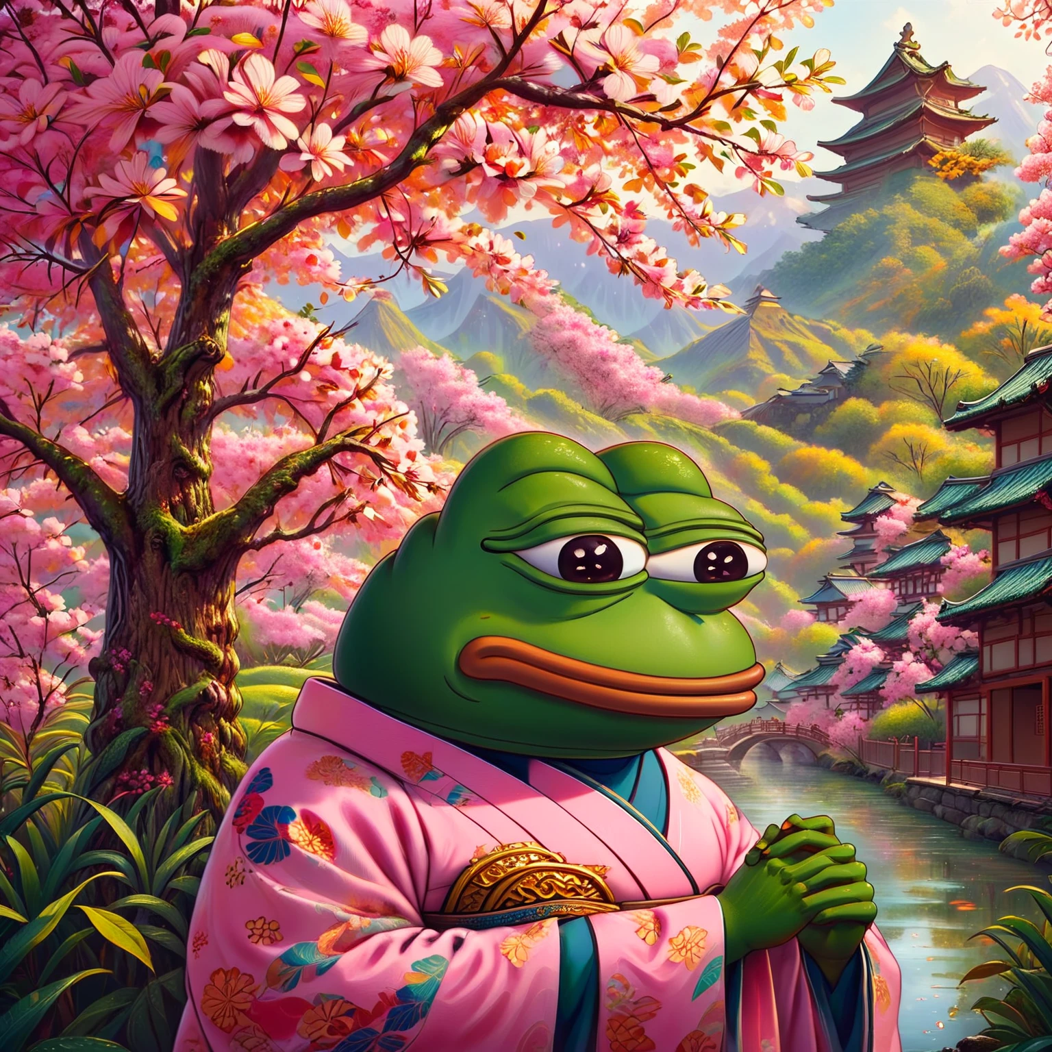 a pink pepe frog with friendly expression,pink pepe frog character,wear kimono , cute frog mascot,cartoon style,vibrant colors,detailed intricate design,digital illustration,surreal fantasy,whimsical concept,adorable frog character,frog joining a community,friendly frog mascot,warm and inviting atmosphere,soft textures,natural elements,lush foliage,sense of community,digital art,4k,8k,highres,masterpiece,ultra-detailed,realistic,photorealistic