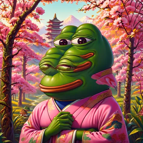 a pink pepe frog with friendly expression,pink pepe frog character,wear kimono , cute frog mascot,cartoon style,vibrant colors,d...