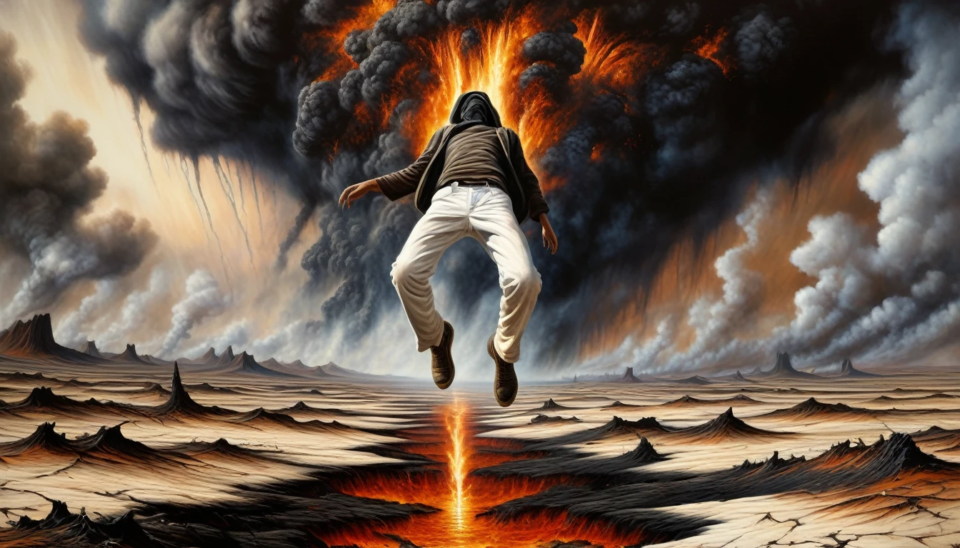 Realistic depiction of the apocalypse on the scorching plain of Mahsyar: a vast, barren landscape. A person with their head upside down and feet floating above. Their body is extremely thin. Their face is charred. Their white pants are torn. Art style: highly detailed photorealism.