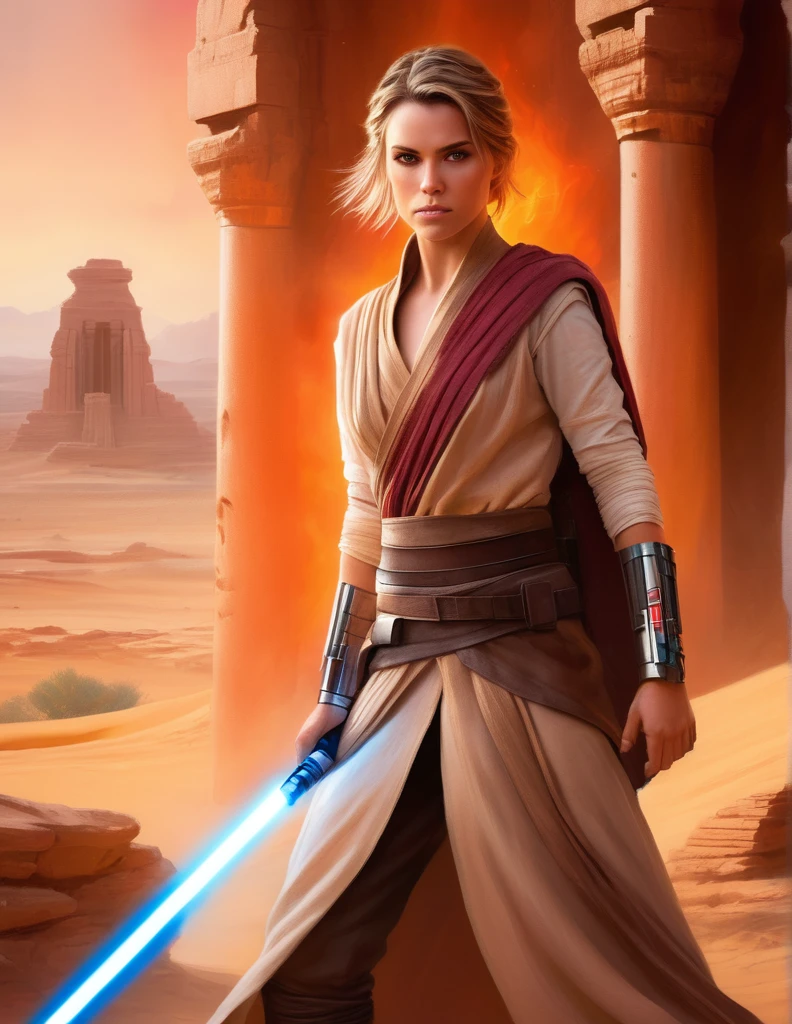 Create an ultra-realistic, highly detailed photograph of a Jedi warrior, captured in the style of photographer Greg Rutkowski. The portrait frames the Jedi from the waist up, showing her fierce and determined pose amidst the desert landscape and the ruins of an ancient temple.

The Jedi, with her slightly wavy hair cut just above her shoulders framing her face, exudes a sense of fierce determination. His eyes, of a penetrating blue, they shine with intense ferocity, and his light skin. 

Dressed in a Jedi outfit made of black leather with intricate pink details, stands in a warrior stance, Ready for the battle. His black leather belt, adorned with small pockets and compartments, He holds his lightsaber with a golden hilt and a crimson blade., emitting a vibrant red glow that reflects the fire in his eyes.

The background of the portrait is a desert landscape with ruins of an ancient stone temple, blurred to create a sense of Jedi urgency. The sandy tones of the desert contrast with the dark ruins, adding intensity to the scene.

Greg Rutkowski&#39;s signature style of photography captures every detail of the Jedi&#39;s fierce pose, from the tense muscles in his arms to the determination in his jaw. The result is a strikingly realistic portrait that invites the viewer to feel the power and determination that emanate from the Jedi.. Its appearance is delicate, suave. Her  with beautiful curves. 
