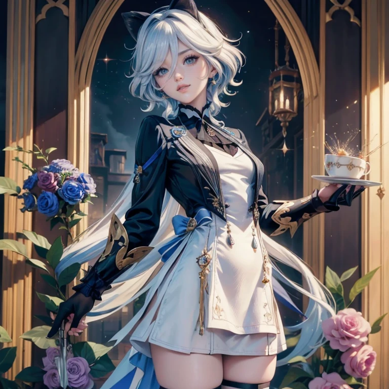 Furina(genshin impact), blue roses, ornament hair, roses on her hair, maid, maid dress, maid headdress, maid apron, white hair, blue hair, long hair, 1girl, white maid dress, jewelry, flowing hair, long hair, maid dress with a short skirt and layers, white laces, white boots, white dress with transparency, gold details on her clothes, more details, perfectly body, perfectly hands, two hands, two legs, two arms, five fingers, glowing hair, best quality, cat ears, animal ears, two cat tail, white gloves, alone, maid headdress, choker, detached sleeves, maid dress, maid white dress, masterpiece, best quality, detailed face, night, asymmetrical gloves, bangs, white short skirt , earrings, elbow gloves, fishnet thigh highs, fish masterpiece, solo, best quality, detailed face, gloves, hair between eyes, jewelry, looking at viewer, single earring, sky, sleeveless, solo, thigh boots, thigh highs, uneven gloves, solo, alone, Looking at the viewer, More details on the clothes, magenta roses on her hair, space scenery, maid, maid dress, magenta details, magenta roses, maid headdress, maid apron, seat on the Saturn rings, more details on her clothes, gold details on her clothes, space, smiling, standing her hand to a viewer, looking at the viewer, in the background a several asteroids glowing with fiery auras, Dramatic lighting from distant stars and planets illuminates the scene, looking at the vast and mysterious universe, cowboy shot, upper body portrait, more details, sparkle,