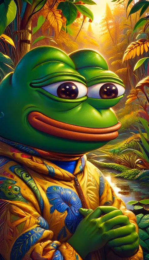 a pepe frog with friendly expression,pepe frog character,cute frog mascot,cartoon style,vibrant colors,detailed intricate design...