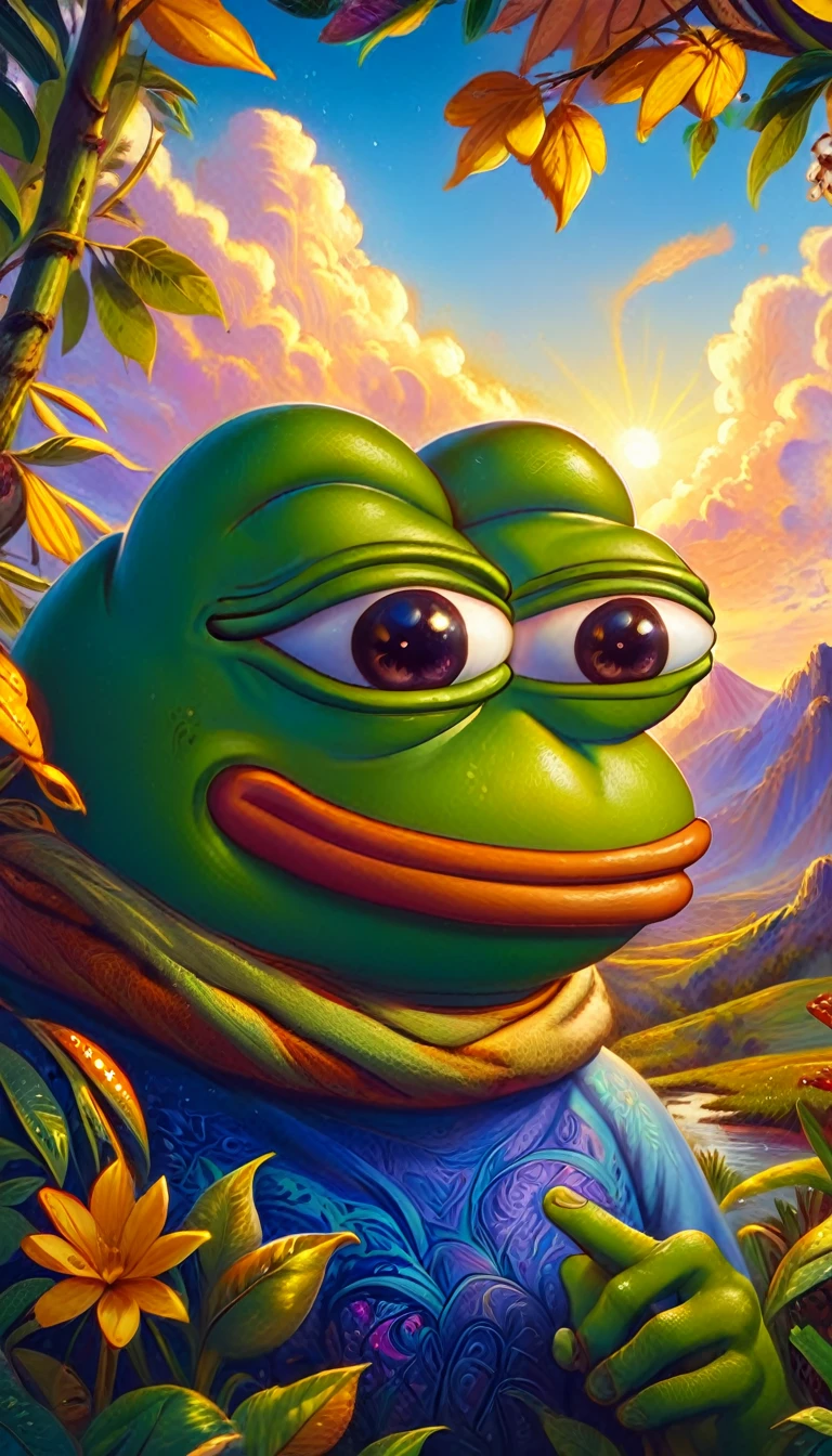 a pepe frog with friendly expression,pepe frog character,cute frog mascot,cartoon style,vibrant colors,detailed intricate design,digital illustration,surreal fantasy,whimsical concept,adorable frog character,frog joining a community,friendly frog mascot,warm and inviting atmosphere,soft textures,natural elements,lush foliage,sense of community,digital art,4k,8k,highres,masterpiece,ultra-detailed,realistic,photorealistic