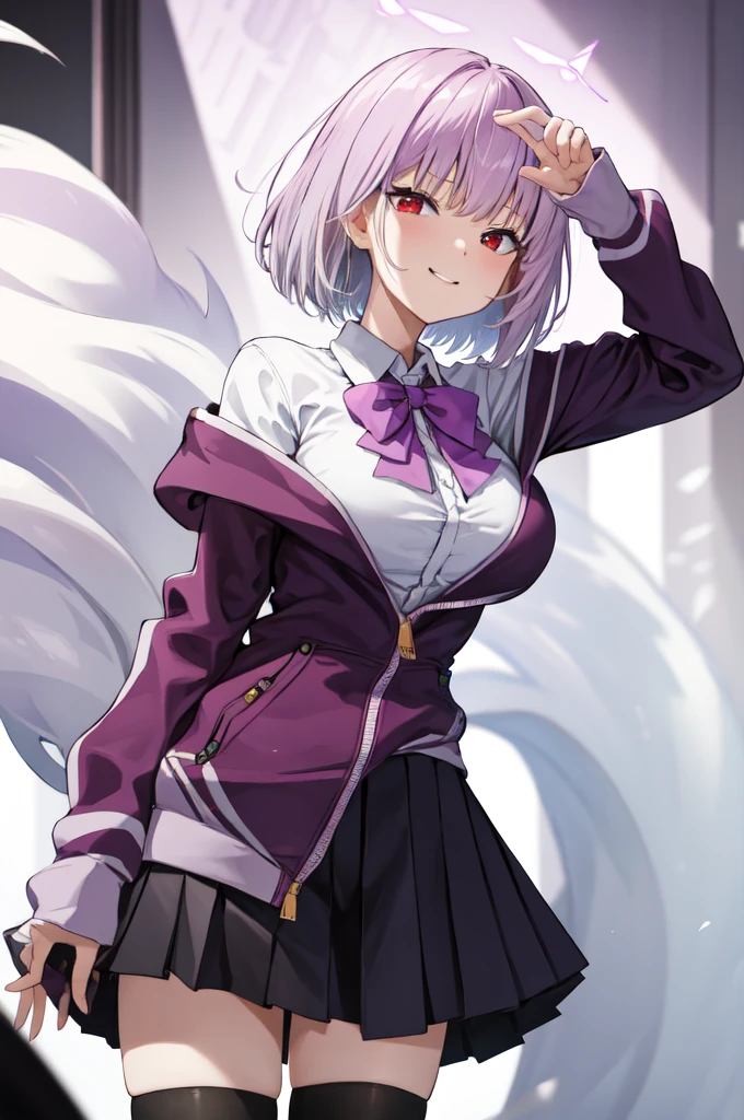 masterpiece, best quality, highres, aaakane, short hair, red eyes, large breasts, purple bowtie, collared shirt, white shirt, off shoulder, purple jacket, partially unzipped, long sleeves, sleeves past wrists, pleated skirt, black skirt, pantyhose, cowboy shot, standing, sky,Corruption,스타킹, 다리꼬기,(( Mesugaki)),오피스룩,