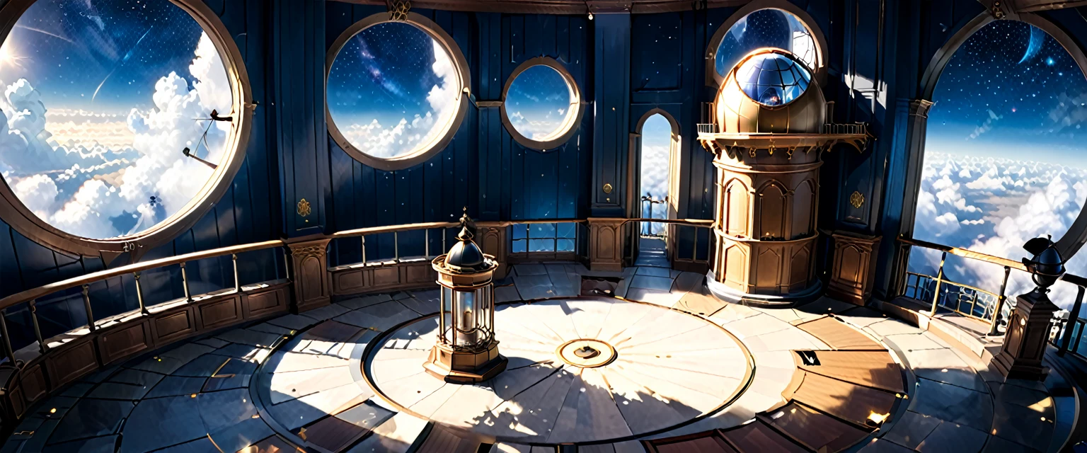 这架 18 世纪的望远镜位于大楼顶层的室内天文台, 圆形穹顶的两侧向左和向右打开, 让长望远镜斜向上观察星空. 学者们聚集在大型望远镜周围的围栏走廊里, 它划破地板，从下面的地板升起, 在天空之城里讨论着某事.
