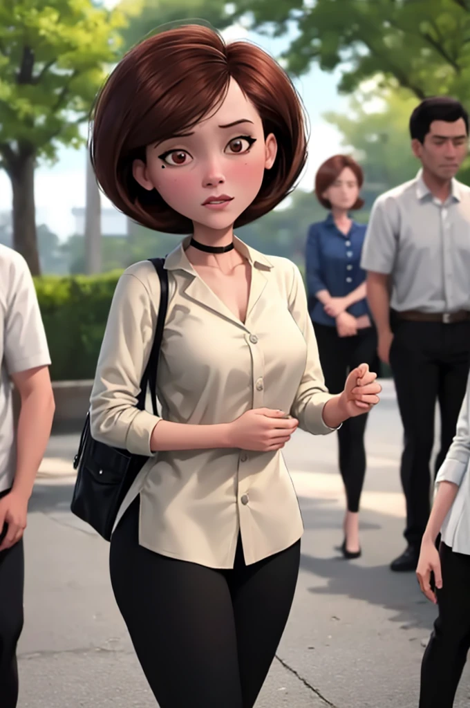 Masterpiece, Best Quality, outdoor, Lens flare, depth of field, 1 girl, Alone, looking at the viewer, old,  helenparr, moles, collar shirt, Dress shirt, buttons, Black pants,sexy