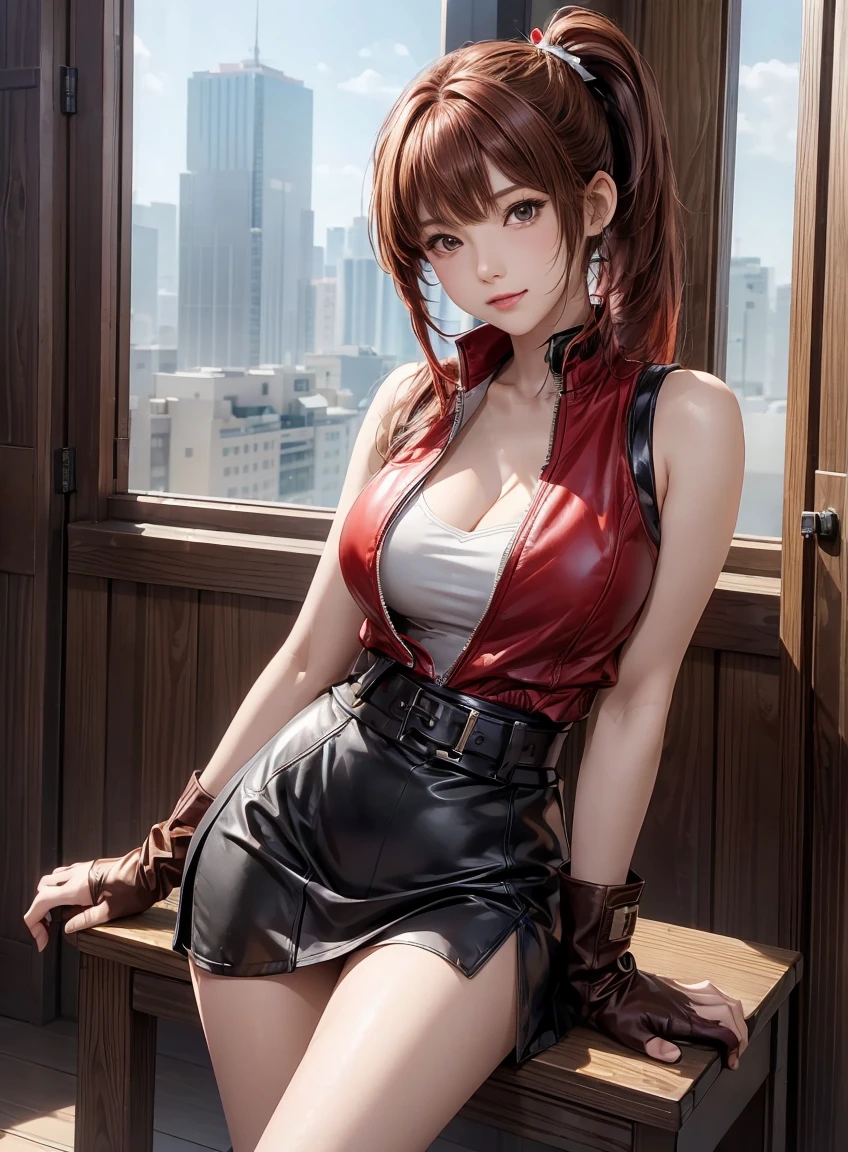 (best quality:1.3), high resolution, Very detailed, Very detailed CG Unity 8k wallpaper, Practical, photo-Practical, original photo, Pretty Face, White skin, Genuine Leather, High quality fabrics, Detailed hair texture, Perfect body, Beautiful Features, Precision Fingering, Anatomically correct, Very detailed face and skin texture、A girl, Lovely, Red hair, ((Side Ponytail, Brown eyes: 1. 2)), ((Slanted eyes:1.3))、Thick bangs, sleeveless jacket、Cardigan jacket、Pencil Skirt、belt、Knee-high boots、leather gloves、sit on the chair、