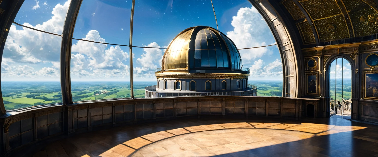 Le télescope du XVIIIe siècle était situé dans un observatoire intérieur au dernier étage du bâtiment, avec les côtés du toit en forme de dôme circulaire s&#39;ouvrant à gauche et à droite, permettant de pointer un long télescope en diagonale vers le haut pour observer le ciel étoilé. Les chercheurs se sont rassemblés dans un couloir clôturé entourant le grand télescope, qui a coupé un cercle à travers le sol et s&#39;est élevé du sol en dessous, discuter de quelque chose dans le château royal dans le ciel.
