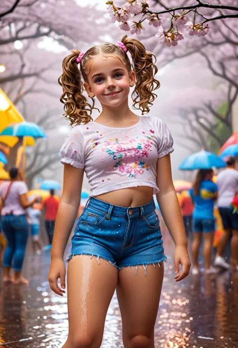 a vibrant carnaval do rio de janeiro location, a drenched cute little small girl, a soaking wet cute tween soaked from rain chub...