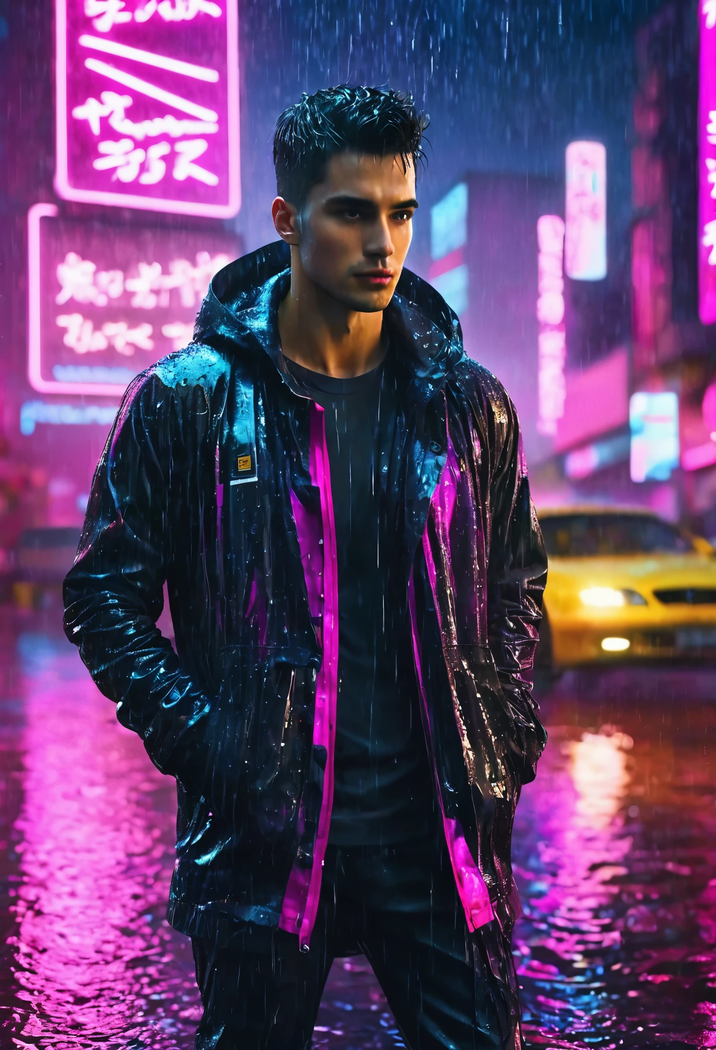 (Masterpiece, Best Quality, high resolution, fondo de pantalla de unidad 32k, Extremely detailed CG:1), (weak illustration on stage:1.0), ((1 young handsome man:1.55 by cyberpunk:1.5 )),(( cyberpunk night city:1.4)), neon signs futuristic cars,dark place rain, ((wet clothes magenta neon lights illuminating the young man perfectly:1.45) . 32k