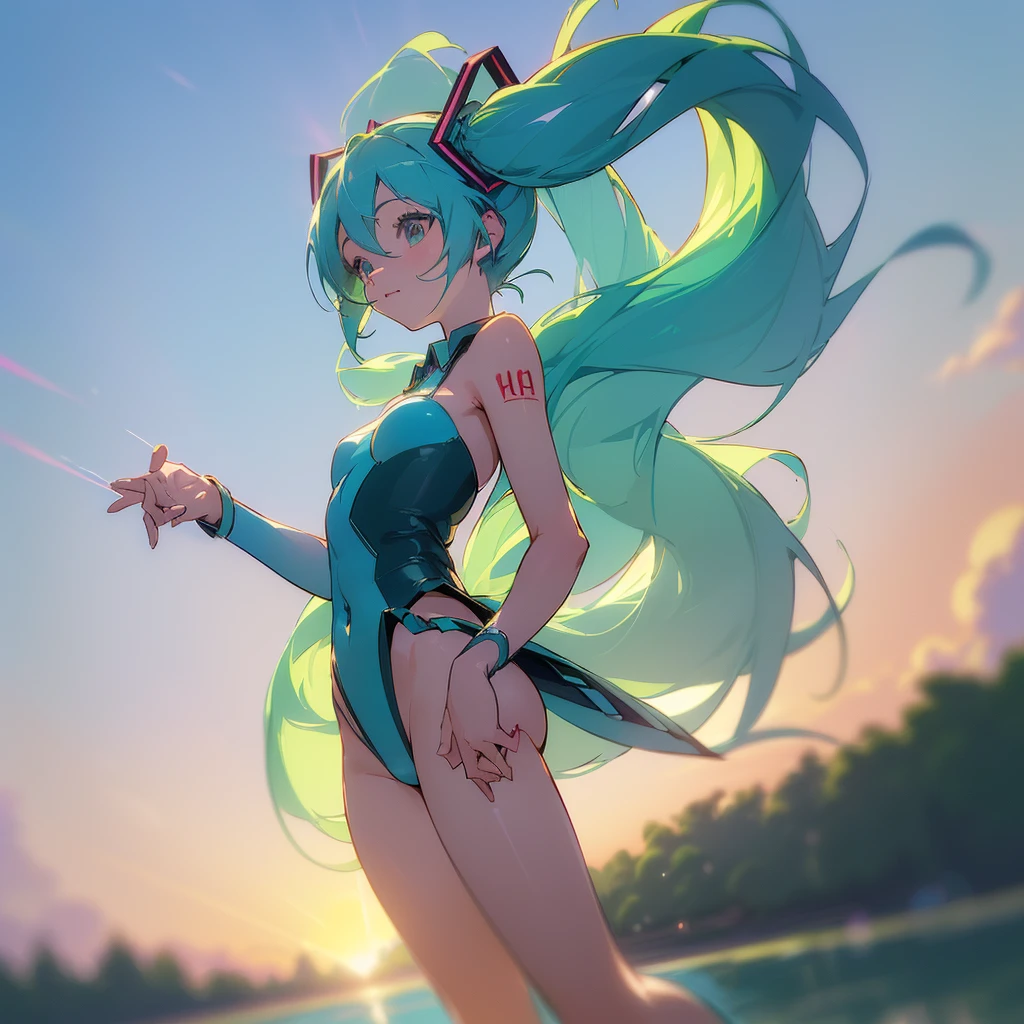 (((Hatsune Miku)) (höchste Qualität,4K,8K,Hohe Auflösung,Meisterwerk:1.2),Super detailliert,leuchtende Farben,Schöne Liebe zum Detail,Schönes Lippendetail,Niedliches Mädchen mit langen türkisfarbenen Zwillingsschwänzen,stilisiertes Cel Shading,dynamische pose,Kunstwerke im Anime-Stil,Fröhliches und energiegeladenes Aussehen,Linsenreflexion,hatsune miku ((dünne Beine)) ((Bikini)) Unterkörper　sitzen　Hintern　zurück　rückwärts