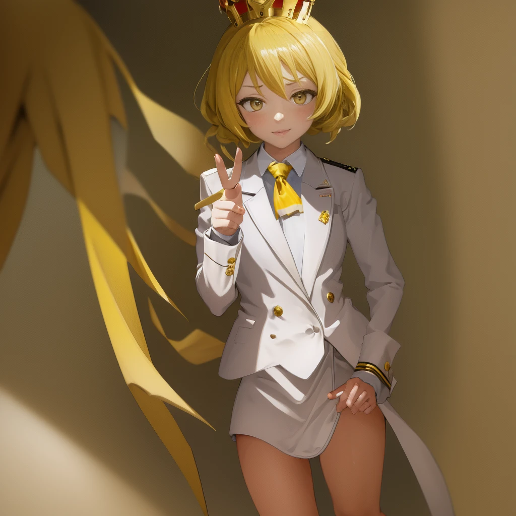 feminine, Kizi, fly away, sexly, yellow  eyes, yellow hair, yellow crown, white suit, yellow tie