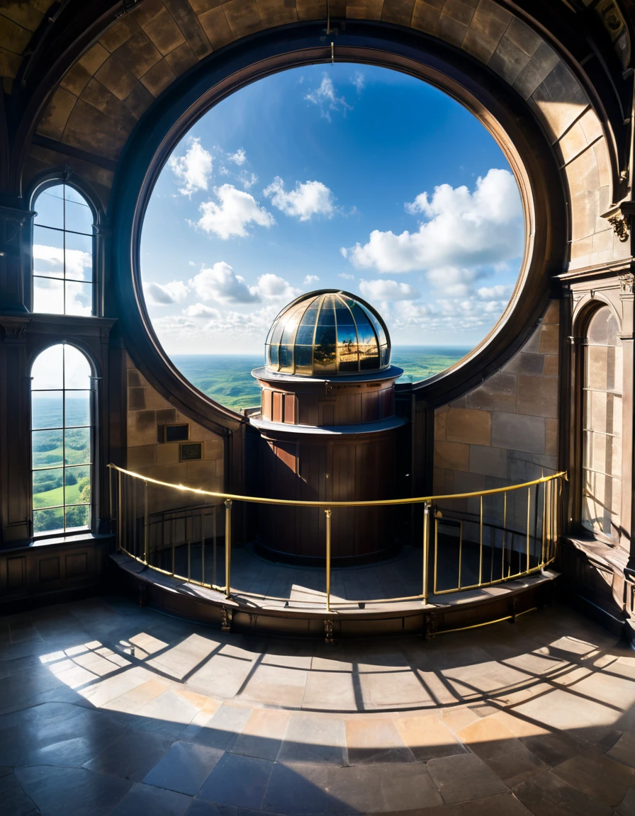 这架 18 世纪的望远镜位于大楼顶层的室内天文台, 圆形穹顶的两侧向左和向右打开, 让长望远镜斜向上观察星空. 学者们聚集在大型望远镜周围的围栏走廊里, 它划破地板，从下面的地板升起, 在天空之城里讨论着某事.
