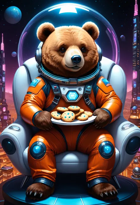 (Cute cartoon style:1.3), (((close-up of bear sitting on futuristic sofa))), (full sleek cyberpunk spacesuit:1.2), ((open head))...